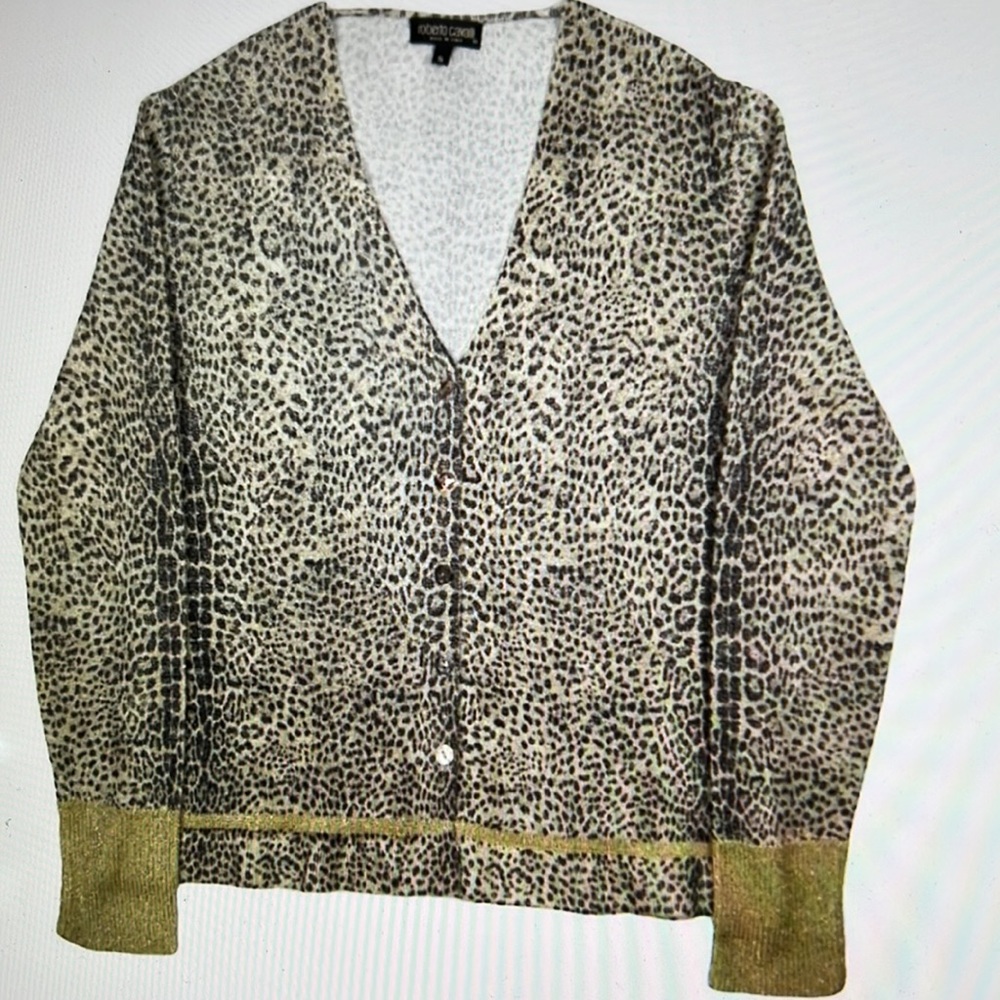 Vintage Roberto Cavalli Knitwear Wool Blend Gold Leopard Print Cardigan Size: S